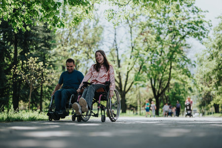 Two individuals in wheelchairs enjoying a day at the park among vibrant greenery and a bright atmosphereの写真素材