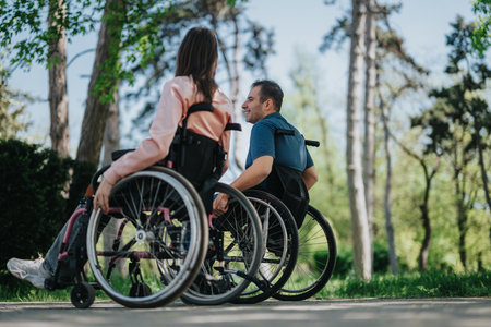 A happy couple in wheelchairs enjoying time together in a beautiful park during a warm sunny day.の写真素材
