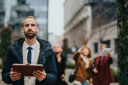 Professional Looking Away Outdoors in Urban Setting Holding Tabletの写真素材