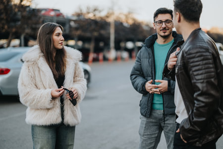 Group of friends having a casual conversation outdoors in winter clothing