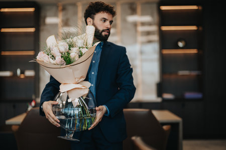 Professional man holding elegant flower arrangement in a modern office environmentの写真素材