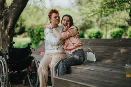 Two women enjoying a relaxing moment on a bench in a parkの写真素材