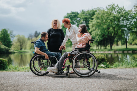 Group of wheelchair friends with helpers outdoors in a park, enjoying community and natureの写真素材