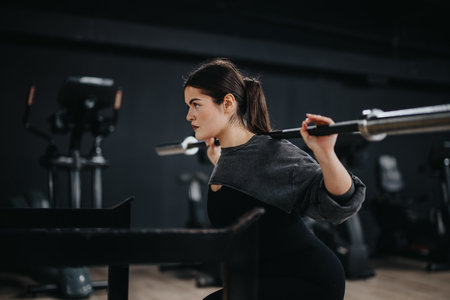 Focused young woman training in a gym with a barbell, emphasizing fitness, strength, and a dedication to exercise in a dynamic setting.の写真素材