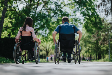 A couple in wheelchairs enjoying a walk in a scenic park with vibrant greeneryの写真素材