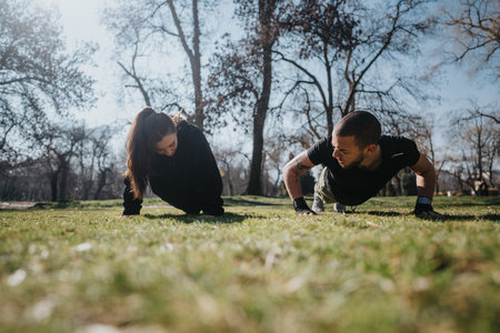 Two young adults exercising outdoors in a sunny park setting focused on fitness.の写真素材