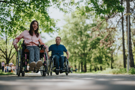 Two friends enjoying a day outdoors, sharing laughter while in their wheelchairs.の写真素材