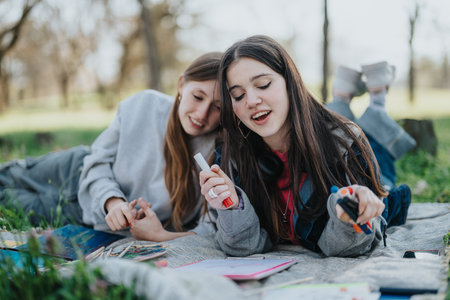 Teenage girls enjoying creative activities outdoors on a pleasant dayの写真素材