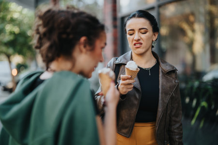 Woman expressing disgust while holding melting ice cream outdoors