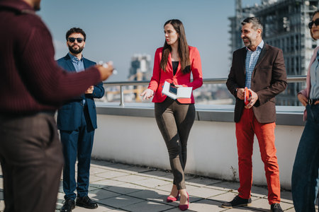 Group of business people having a relaxed outdoor meeting on a rooftopの写真素材