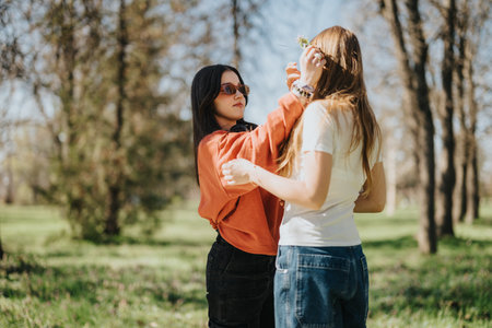 Two friends enjoying a sunny day in a park surrounded by trees and greeneryの写真素材