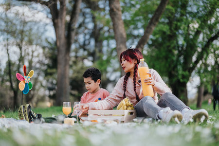 Asian mother and son enjoying a springtime picnic in natureの写真素材