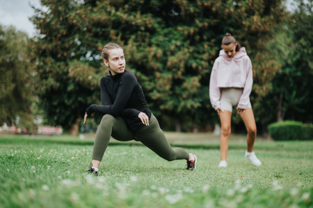 Two women stretching outdoors in a park during a fitness sessionの写真素材