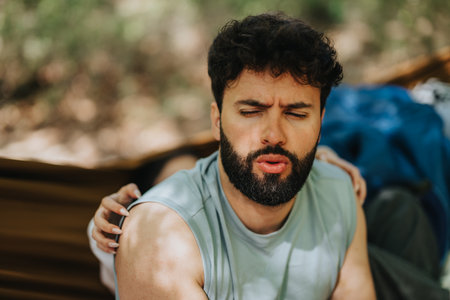 Person outdoors expressing emotion with eyes closed and a thoughtful demeanor