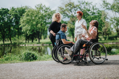 Friends enjoying a day outdoors with laughter and connectionの写真素材