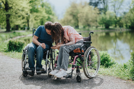 Two individuals in wheelchairs sharing a moment outdoors by a peaceful lakeside surrounded by greenery.の写真素材