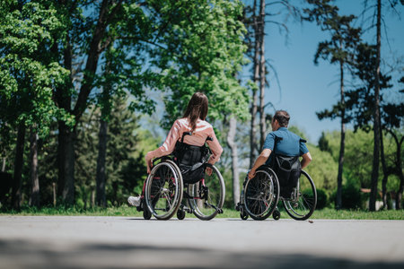 Rear view of a couple enjoying a sunny day in wheelchairs outdoors