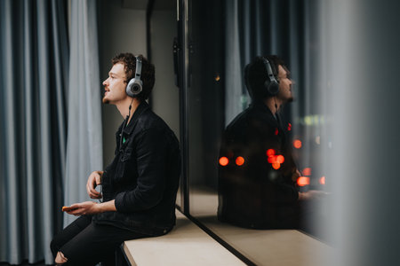 Young man wearing headphones enjoying music by a window