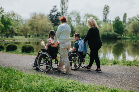 Two caregivers assisting wheelchair users along a park pathway by a tranquil lakeの写真素材