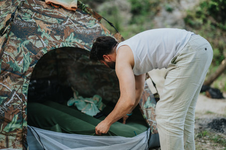 Person arranging items inside a camouflage tent in an outdoor settingの写真素材