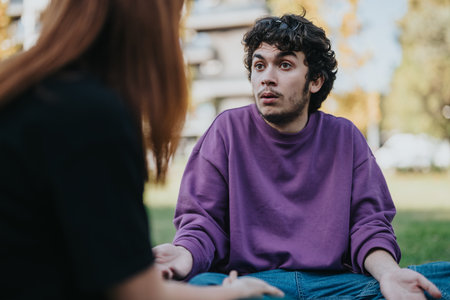 Young couple having an engaging conversation outdoors in a parkの写真素材
