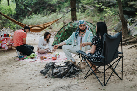 Group of friends enjoying a camping day with barbecue in a forestの写真素材
