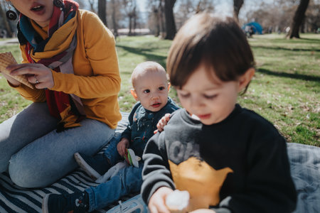 Family enjoying a sunny picnic outdoors with children in a parkの写真素材