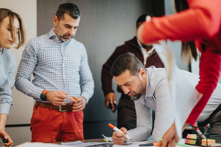 Group of professionals collaborating actively in an office environment