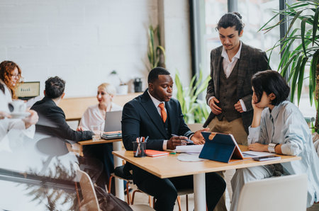 Team having a productive discussion during a business meeting in a rustic co-working cafe setting