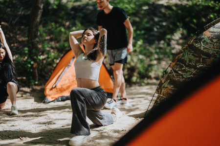 Group performing yoga exercises during a camping trip in a forest settingの写真素材
