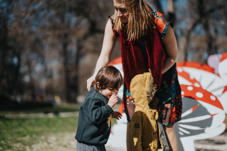 Mother and child playing together outdoors in a park setting during daytime.の写真素材
