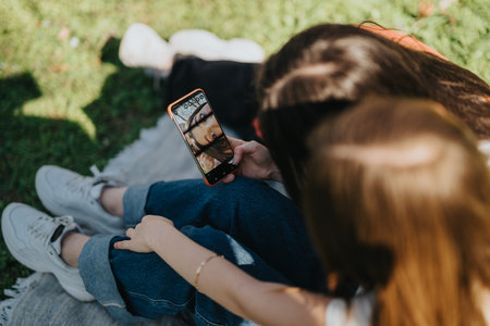 Two friends spending time outdoors, capturing a selfie on a smart phone while sitting on a blanket in a sunny park.の写真素材