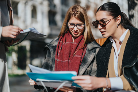 Professional women reviewing documents together outdoors in a business environmentの写真素材