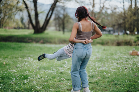 Mother spending quality time with her child in a sunny park settingの写真素材