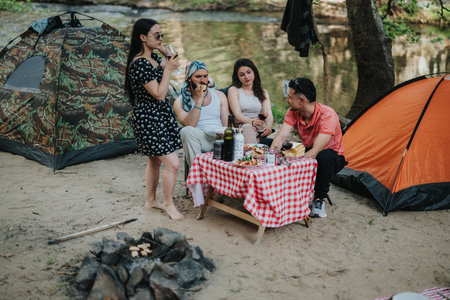 Group of friends camping outdoors enjoying food and drinks together