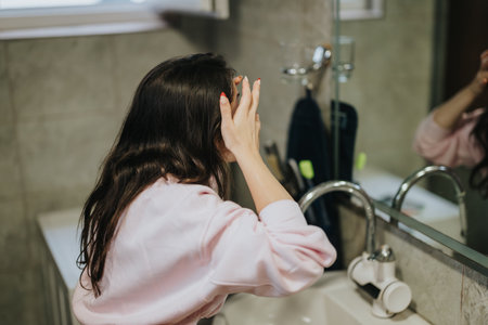 Young girl washing her face in the bathroom at the sink in a relaxed morning routineの写真素材
