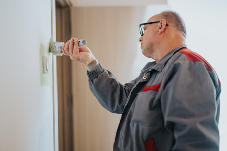 Man carefully painting a light-colored wall with a handhold brush indoorsの写真素材
