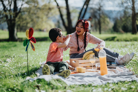 Asian mother and son enjoying a summer picnic in a sunny parkの写真素材