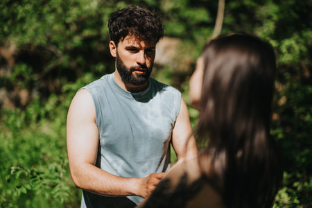 A couple bonding outdoors in a natural green forested environmentの写真素材
