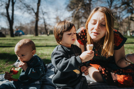 Family enjoying an outdoor picnic, sharing ice cream on a sunny dayの写真素材