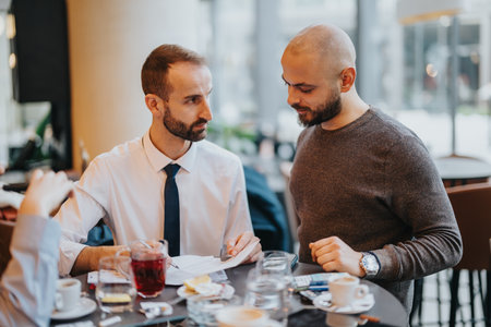 Two colleagues discussing work documents in a relaxed cafe environmentの写真素材