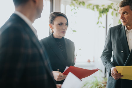 Business professionals discussing over documents in a modern office settingの写真素材