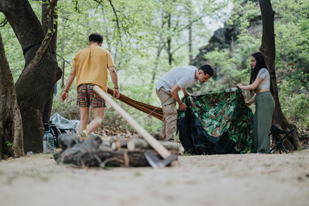Friends setting up a tent in a scenic forest clearingの写真素材