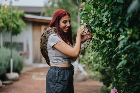 Girl holding a large snake outdoors in a lush garden settingの写真素材