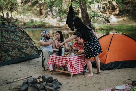 Friends Enjoying Outdoor Meal Together While Camping in a Scenic Forest Area