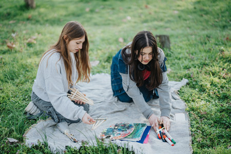 Two teenage girls enjoying crafting activities outdoors on a blanket in a grassy park setting.の写真素材