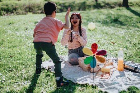 Fun outdoor picnic with mother and child enjoying bubbles and sunshineの写真素材