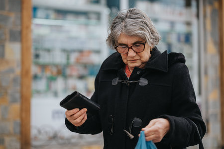 Senior woman holding a wallet and bag in a street settingの写真素材