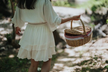 Woman in white dress outdoors holding a picnic basketの写真素材