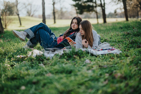 Two teenage girls relaxing together on grass with an outdoor, serene settingの写真素材
